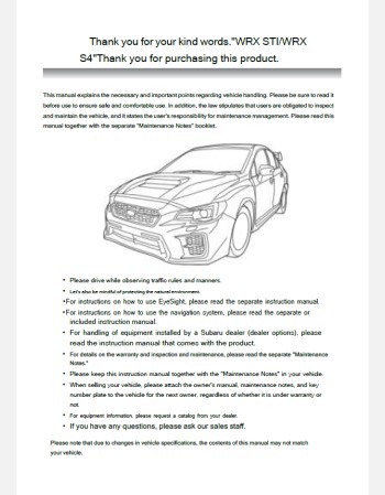 subaru wrx sti& s4 2019- 2020 owners manual in english (jdm)